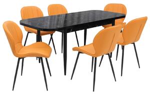 Set masă extensibilă Viena Negru cu 6 Scaune Piele Topaz Portocaliu