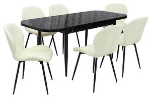 Set masă extensibilă Viena Negru cu 6 Scaune Piele Topaz Crem