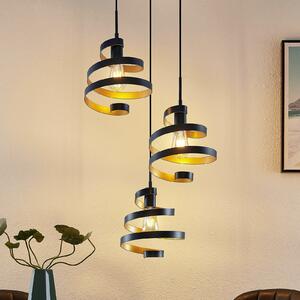 Lindby Colten lampă suspendată, Ø 50 cm, 3 becuri, negru, auriu, reglabil, Negru, Camera de zi / sufragerie, Metal, Design