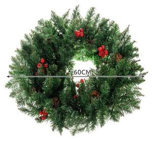 Coronita de Craciun pentru usa, conuri si fructe rosii, diametru 60 cm, verde