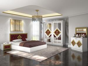 Dormitor Deluxe, culoare alb / rosu, cu pat tapitat 160 x 200, dulap 200 cm, comoda si 2 noptiere