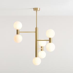 Lampă suspendată Flare, 7 becuri, alamă/alb opal, sticlă