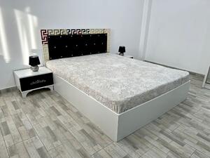 Set pat tapitat Palermo, culoare alb / negru, cu 2 noptiere Viena si saltea superortopedica lux 160 x 200 cm