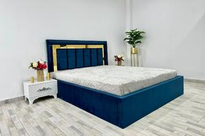 Set pat tapitat Napoli, culoare albastru, cu 2 noptiere Viena si saltea superortopedica lux 160 x 200 cm