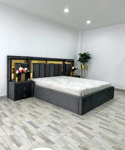 Set pat tapitat Napoli, culoare gri, cu 2 noptiere Napoli si saltea superortopedica lux 160 x 200 cm