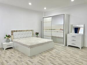 Dormitor Palermo, culoare alb, cu pat tapitat 160 x 200 cm, dulap cu 2 usi, comoda cu oglinda, 2 noptiere