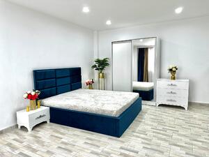 Dormitor complet Roma, culoare albastru / alb, cu pat Roma 160 x 200 cm, dressing Erika, 2 noptiere si comoda Viena