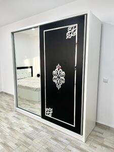 Dressing Milano cu oglinda, culoare alb / negru, 200 x 206 x 60 cm, usi glisante