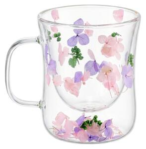 Cană cu inserție de flori uscate, hortensie mov și roz, pereți dubli, sticlă borosilicată, 200 ml, Aurora Bloom