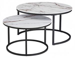 Set 2 Măsuțe de Cafea cu Efect Marmură, Alb, Diametru 80/60 cm, Design Compact