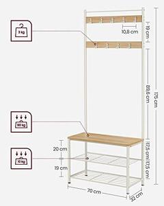 Cuier pentru hol 3 în 1 cu bancă, 9 cârlige și 2 rafturi pentru pantofi, Stejar/Alb, 70 × 32 × 175 cm