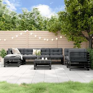 Set mobilier relaxare grădină, 8 piese, negru, lemn masiv pin