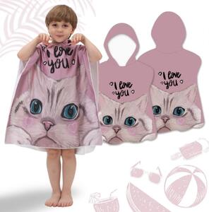 Prosop poncho pentru copii, cu glugă, model pisică, i love you, 60x60 cm, pelerină de plajă, roz
