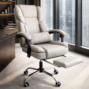 Scaun birou ergonomic skyline, reclinabil 90–155°, suport picioare extensibil, piele ecologică crem, suport lombar, bază metalică, 150 kg, KO51K