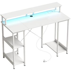 HOMCOM Birou pentru Computer Reversibil cu Rafturi, 120x50 cm, cu Prize și Lumini LED, Alb cu Efect de Lemn | Aosom Romania