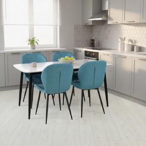 Set Masă Atlas Marble Albă cu 4 Scaune Opal Turcoaz, Blat din Piatră Sinterizată, 120 × 77,5 × 72 cm