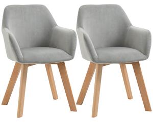 HOMCOM Set 2 Scaune de Sufragerie cu Picioare din Lemn, Scaune de Bucatarie Capitonate cu Cotiere din Tesatura Catifelata, 54x57x80cm, Gri