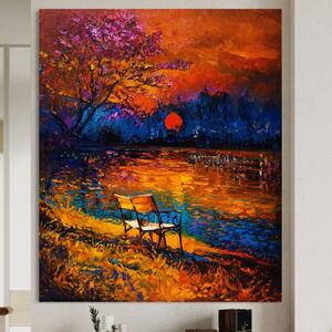 Tablou Canvas Premium LuxCanva® A1284, Luna Rosie , Living, Banca, Lac, Padure, Copac, Dormitor, Culori Vibrante
