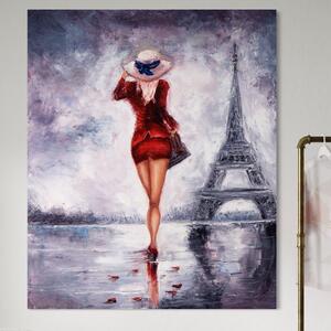 Tablou Canvas Premium LuxCanva® A1267, Lady In Paris , Femeie, Turnul Eiffel, Rochie Rosie, Dormitor, Culori Vibrante