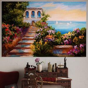 Tablou Canvas Premium LuxCanva® A1242, Scarile De Langa Mare , Decorativ, Living, Cer, Mare, Barci, Flori, Colorate, Dormitor, Culori Vibrante