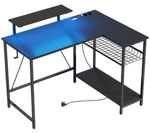 HOMCOM Birou Gaming Reversibil în L cu LED, 114,5x82 cm Birou Colțar cu Prize Electrice, Suport pentru Monitor și Rafturi Reglabile din Rețea, Stație Gaming pentru Acasă, Birou sau Studiu, Negru | Aosom Romania