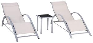 Outsunny Set de 2 Șezlonguri și Măsuță cu Blat din Sticlă, 59x169x66 cm, Crem | Aosom Romania