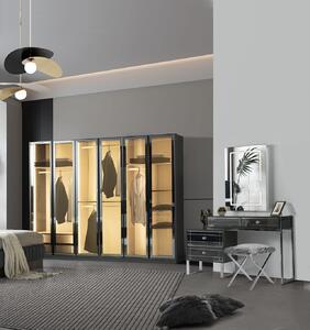 Dulap 250 cm lungime, 6 uși batante, fronturi sticlă fumurie, full MDF, compartimentare premium, LED-uri