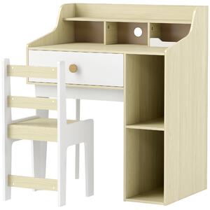 AIYAPLAY Set Birou pentru Copii cu Raft de Depozitare, Sertar și Scaun din Lemn, 80,4x50x96 cm, Alb | Aosom Romania