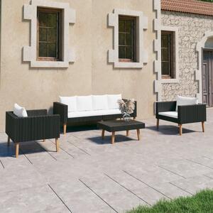Set mobilier de grădină cu perne, 4 piese, negru, poliratan