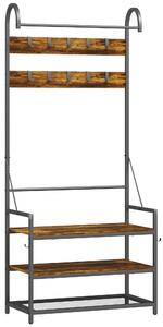 HOMCOM Suport de Haine de Intrare cu Bară, 10 Cârlige Mobile, Bancă și Raft pentru Încălțăminte, Mobilier în Pal și Metal, Design Industrial, 80x40x182 cm, Maro și Negru | Aosom Romania