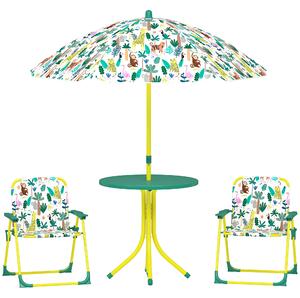 AIYAPLAY Masă de Picnic pentru Copii, Set Masă și Două Scaune Pliabile cu Umbrelă Demontabilă, Tematică Jungle, Mobilier de Exterior pentru Grădină, Terasă, Verde | Aosom Romania