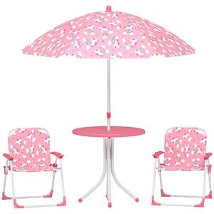AIYAPLAY Masă de Picnic pentru Copii, Set Masă și Scaune cu 2 Scaune Pliabile și Umbrelă Detasabilă, Temă Junglă, Mobilier de Exterior pentru Grădină, Patio, Roz | Aosom Romania