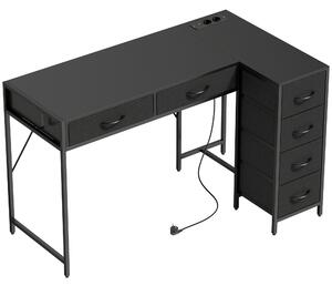HOMCOM Birou de Colț Reversibil cu Prize și Porturi USB, 126x48 cm Birou în Formă de L cu 6 Sertare din Material Textil, Cârlig Lateral, pentru Computer, Birou, Cameră, Negru | Aosom Romania