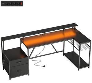 HOMCOM Birou Gaming Reversibil în Formă de L cu LED, Birou Colțar 192,5 cm cu Prize Electrice, Suport Monitor și CPU, 2 Sertare din Material Textil pentru Documente A4/Legal, pentru Acasă sau Birou, Negru | Aosom Romania