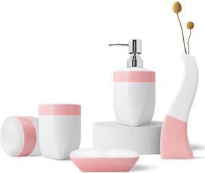 Set de 5 accesorii pentru baie AntDiseno, ceramica, alb/roz
