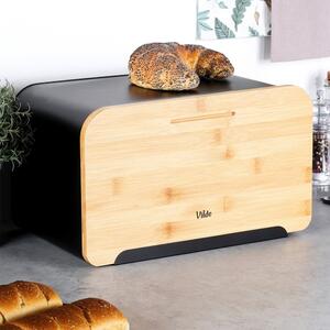 Cutie de pâine metalică cu capac din bambus Vilde - funcție de tocător, Negru, 35 x 22 x 20.5 cm