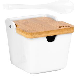 Zaharniță / Recipient pentru sare din ceramică albă Vilde - capac și linguriță din bambus, 250 ml