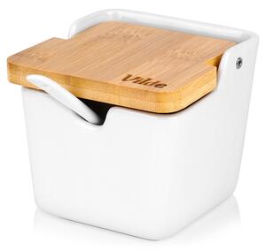 Zaharniță / Recipient pentru sare din ceramică albă Vilde - capac și linguriță din bambus, 250 ml