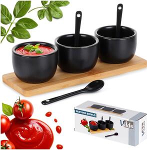 Set servire 3 boluri ceramice cu lingurițe Vilde - Pe tavă din bambus, negru mat
