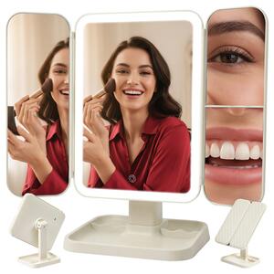 Oglindă cosmetică cu LED 4în1 Soulima - Cu funcție de mărire, pliere și suport pentru accesorii