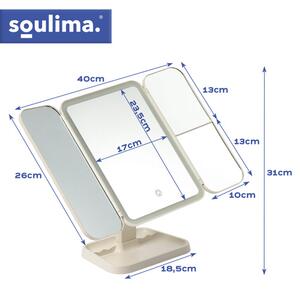 Oglindă cosmetică cu LED 4în1 Soulima - Cu funcție de mărire, pliere și suport pentru accesorii