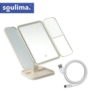 Oglindă cosmetică cu LED 4în1 Soulima - Cu funcție de mărire, pliere și suport pentru accesorii