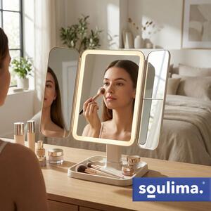 Oglindă cosmetică cu LED 4în1 Soulima - Cu funcție de mărire, pliere și suport pentru accesorii