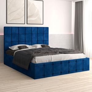 Pat Tapitat Ven03 Albastru + Saltea 20cm Grosime + Somiera Metalica Rabatabila 140x200