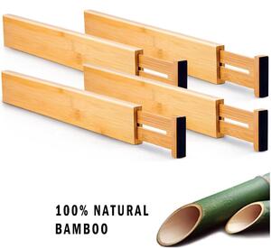 Set 4 organizatoare reglabile pentru sertar, Quasar & Co.®, pentru baie/bucatarie/dormitor, sistem antialunecare, bambus, 45-57 x 1.5 x 6.5 cm, natur