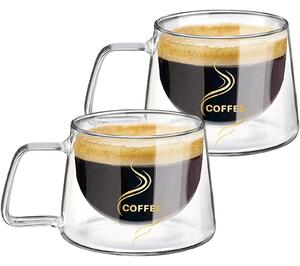 Set 2 cesti cafea, Quasar & Co.®, 200 ml, din sticla cu pereti dubli, termorezistenta, mesaj COFFEE, d 7.8 x h 7 cm