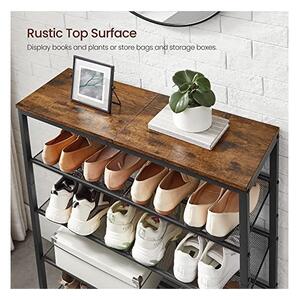 Pantofar cu 4 rafturi reglabile și blat superior, 20–25 perechi, stil industrial, Maro Rustic/Negru, 75 × 28 × 93 cm