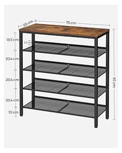 Pantofar cu 4 rafturi reglabile și blat superior, 20–25 perechi, stil industrial, Maro Rustic/Negru, 75 × 28 × 93 cm