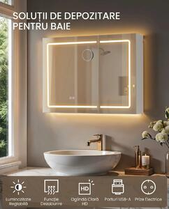 Dulap baie cu oglinda cu LED, Tiago, Alb, 80x60x16.5 cm