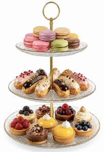 Fructiera etajata Pufo Luxury din sticla cu 3 nivele, pentru prajituri, mini torturi, fructe, aperitive, maner metalic auriu